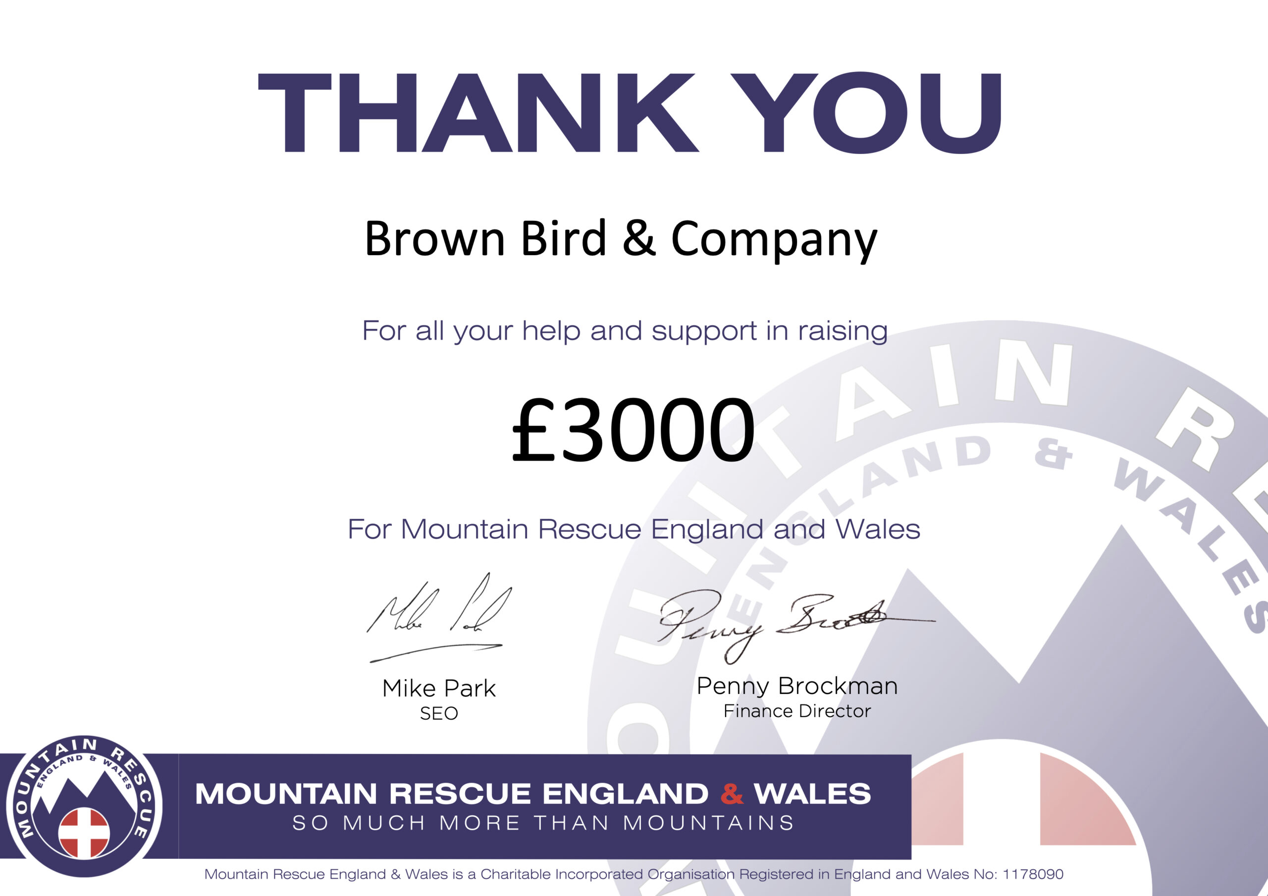 Mountain Rescue Donation by Brown Bird and Company